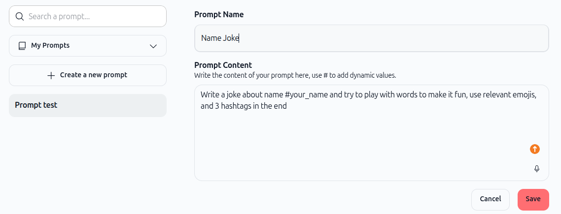 Prompt Creation Form with Dynamic Values