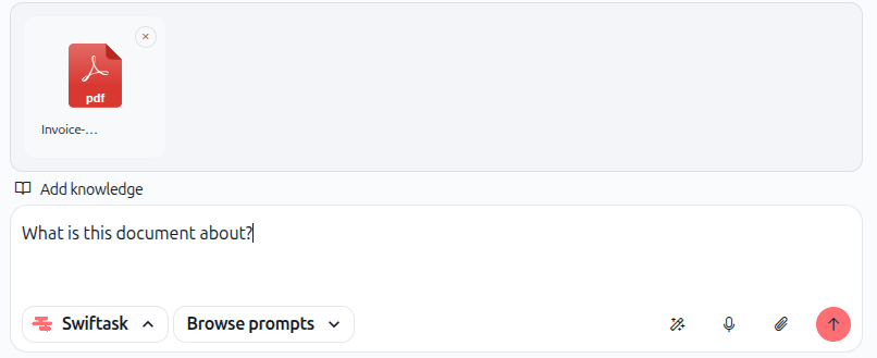Screenshot: Chat with file attached and question typed in input field