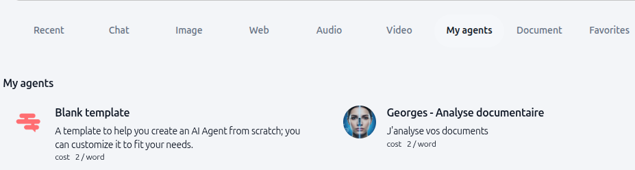 My agents interface showing available agents