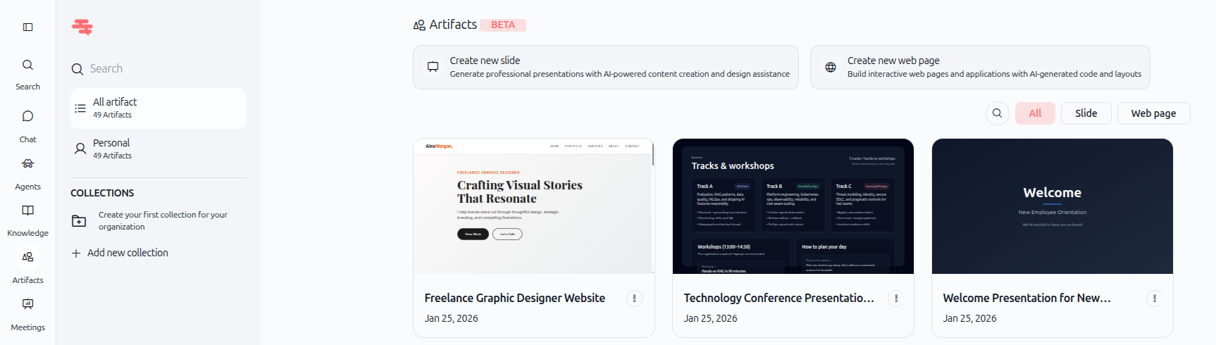 Artifacts interface showing creation options and library