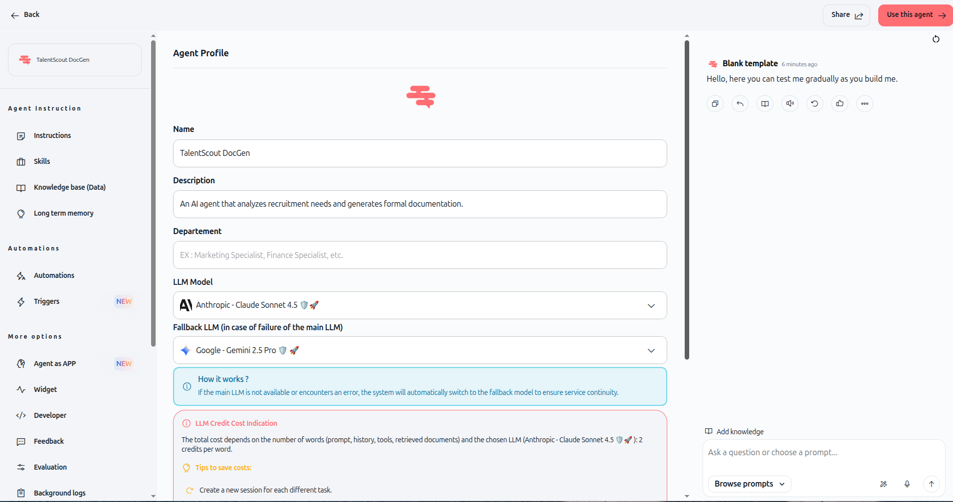 Screenshot: Agent base configuration