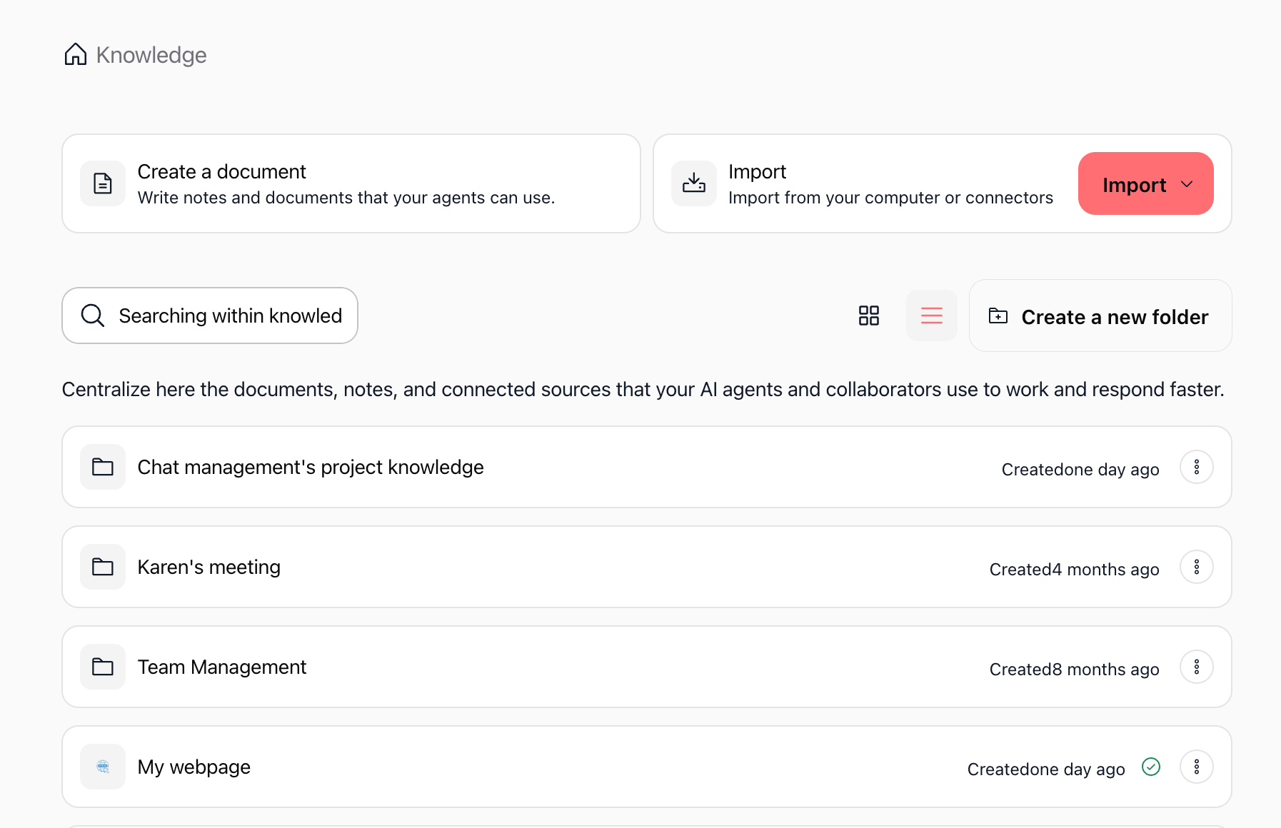 Knowledge base list view
