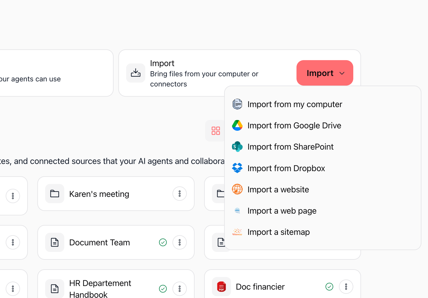 Import dropdown in Knowledge