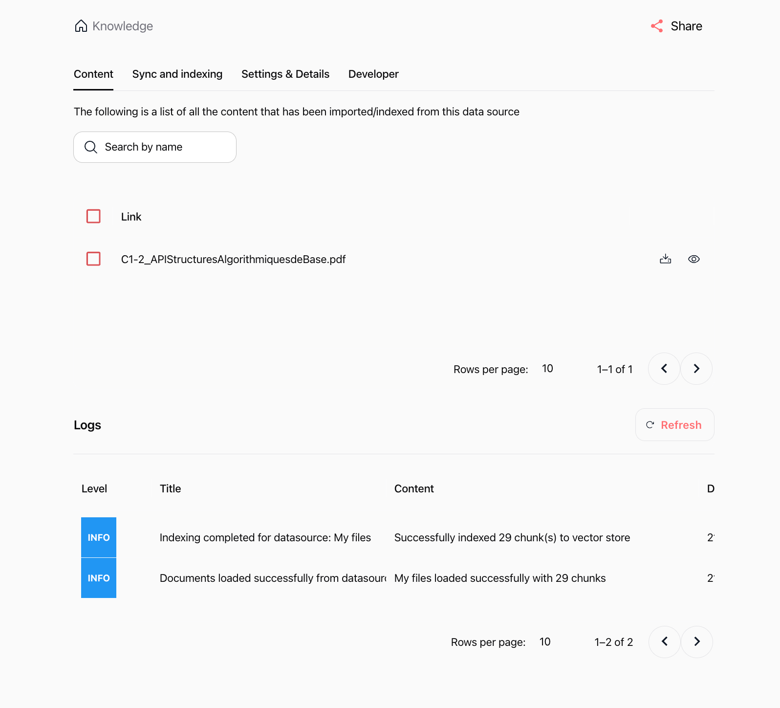 Datasource Content tab and Logs