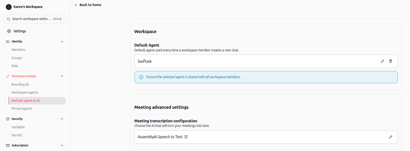 Default agent and meeting advanced settings