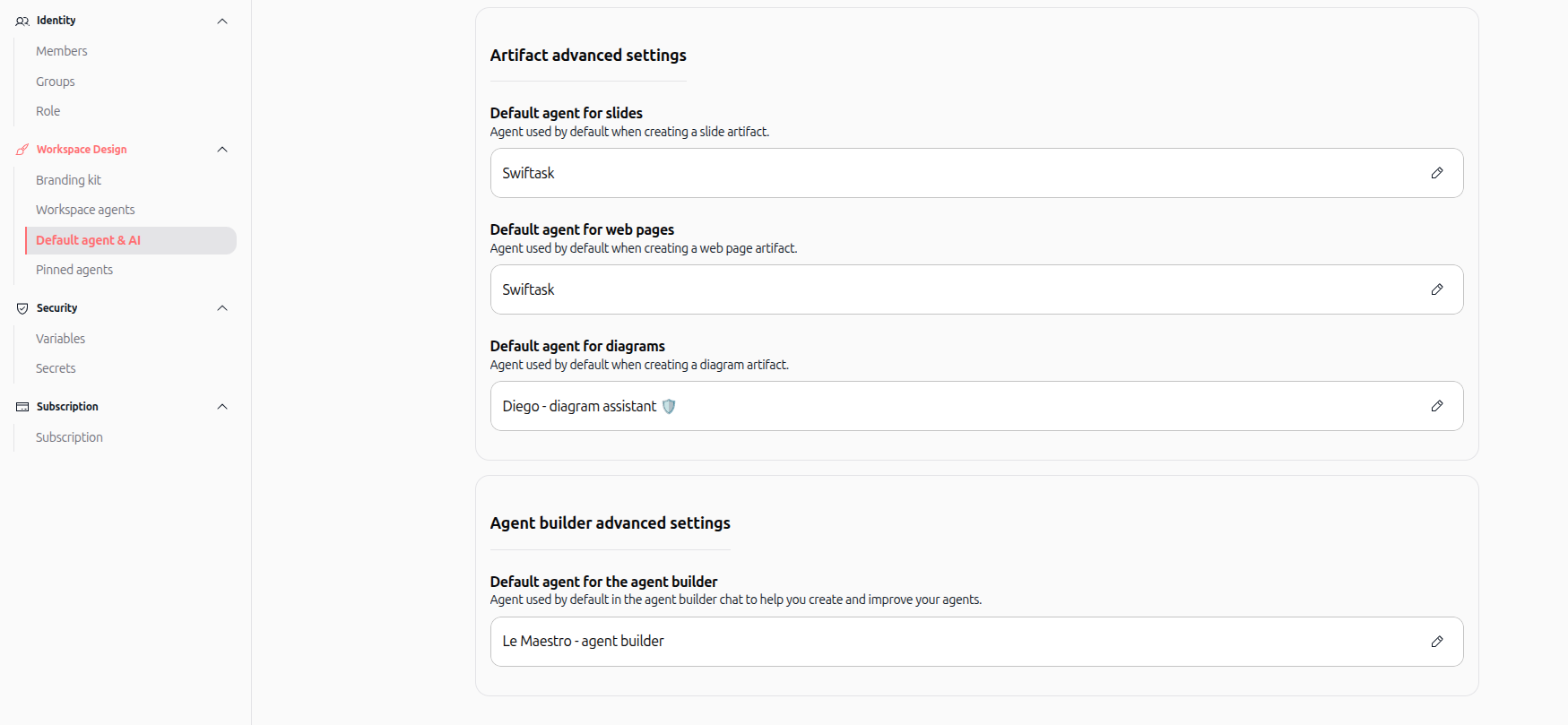 Artifact and agent builder advanced settings