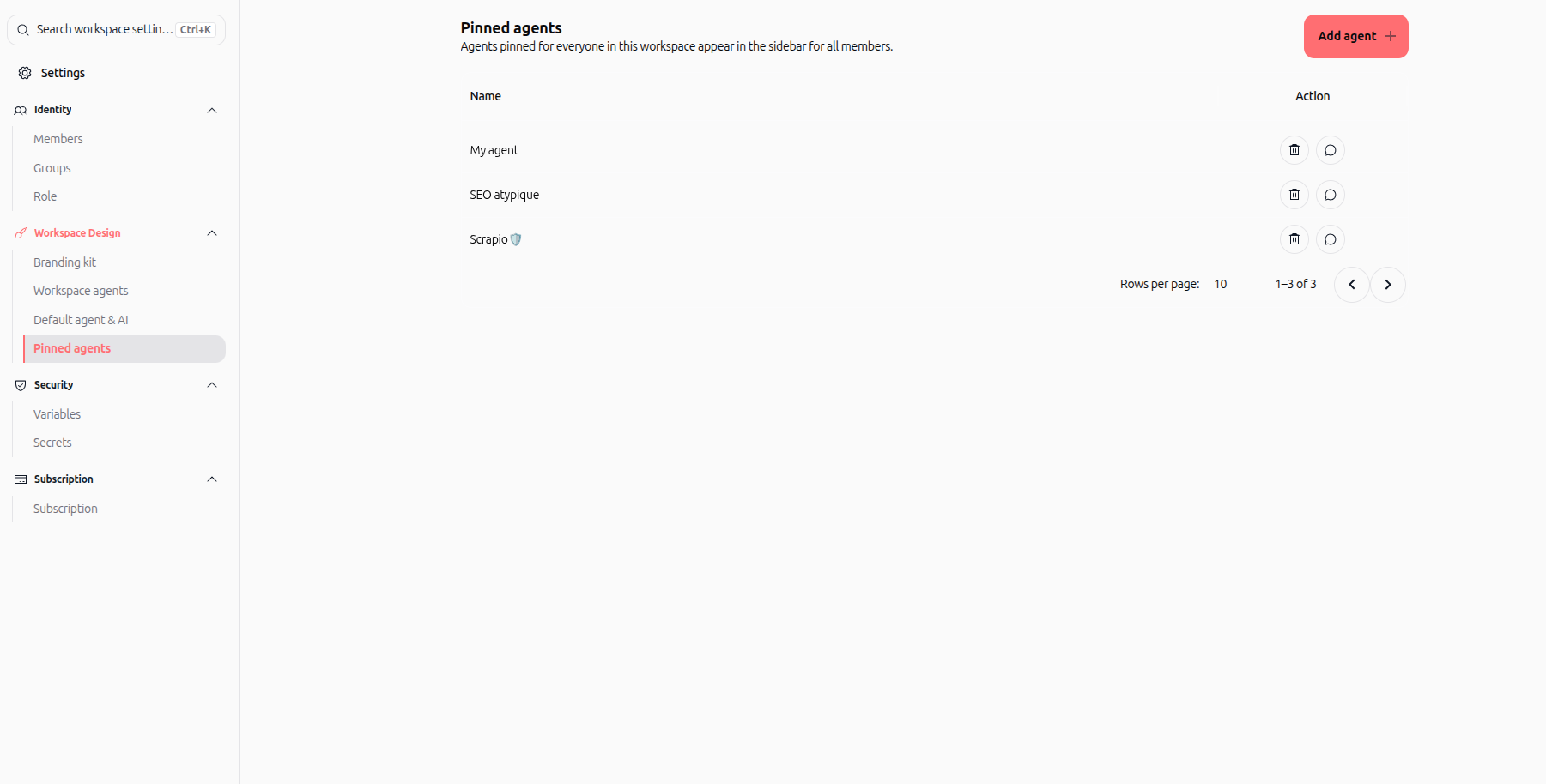 Pinned agents list