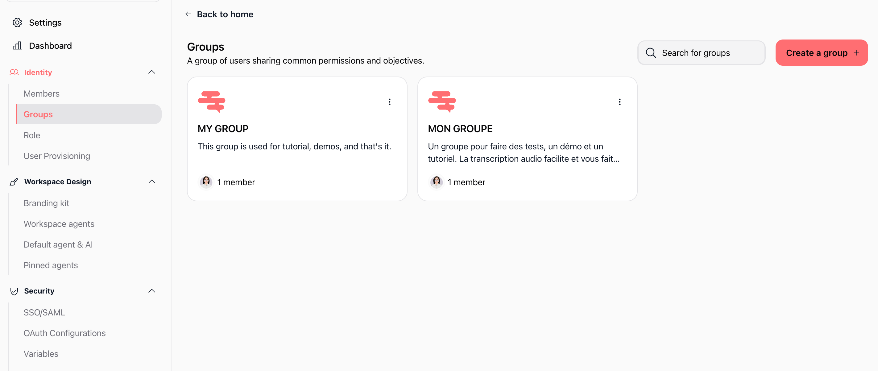 Workspace groups dashboard displaying existing group cards and search