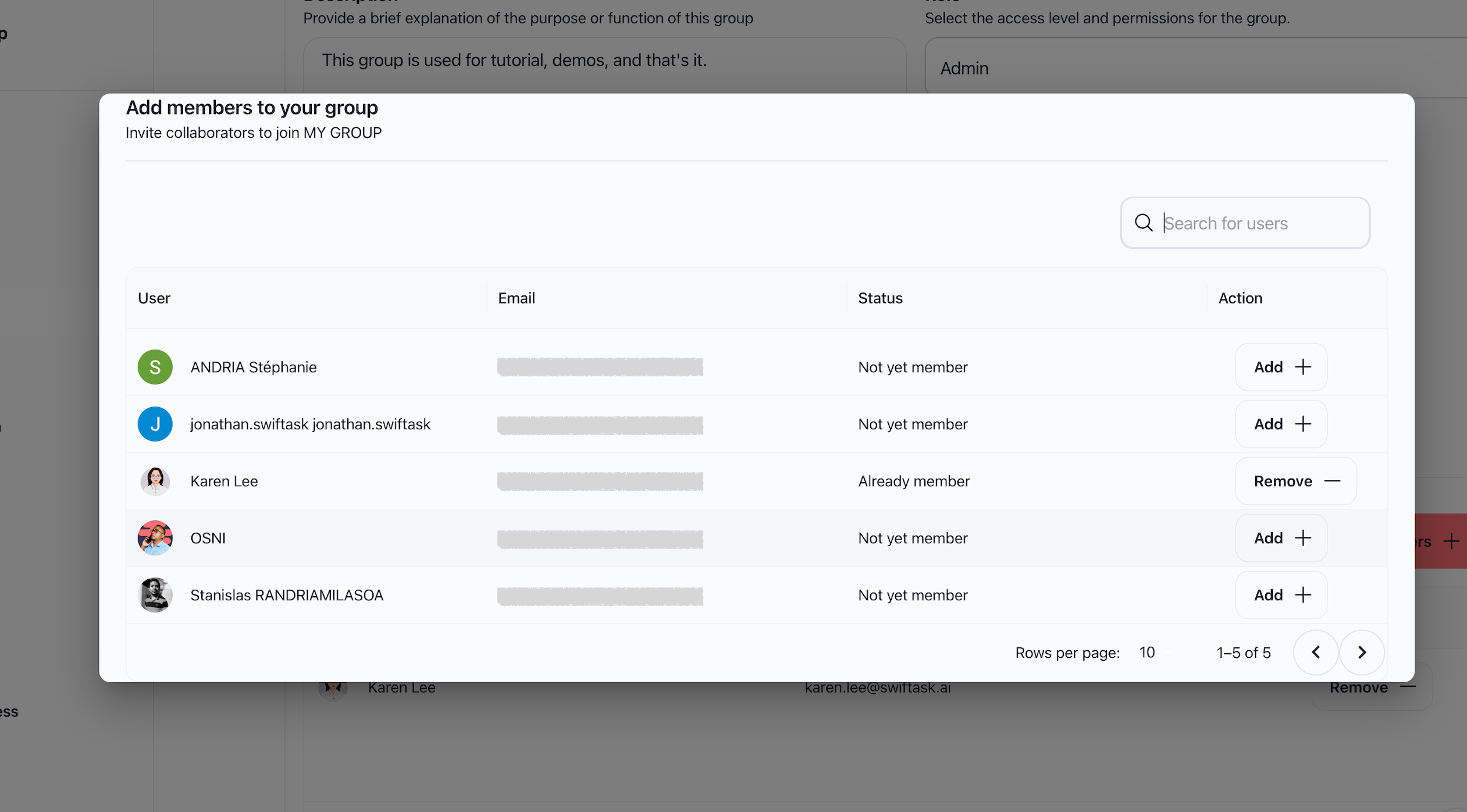 Add and remove members modal for workspace groups