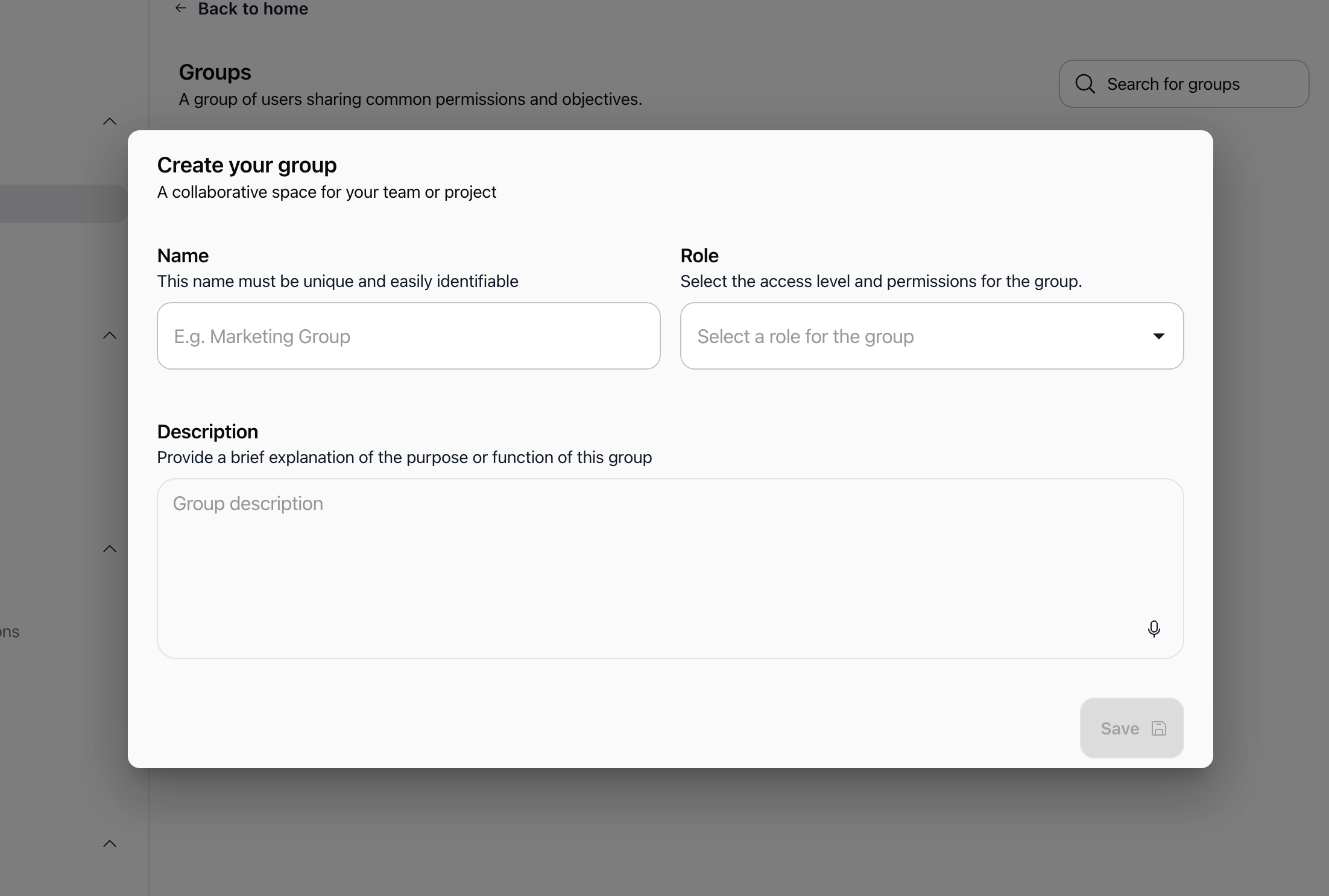 Fenêtre de création d'un groupe avec nom, rôle et description
