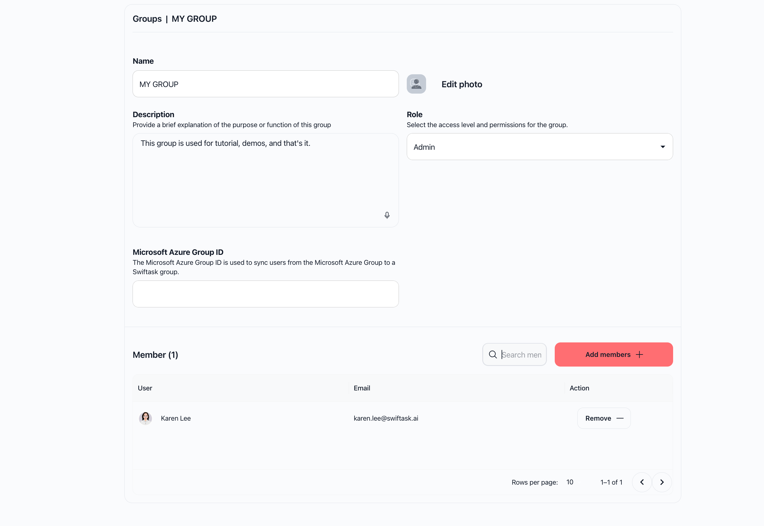 Page de détails d'un groupe avec paramètres et gestion des membres