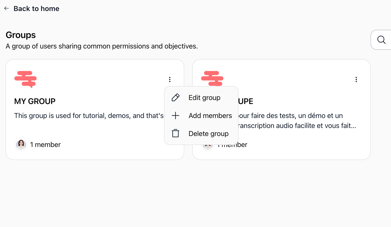 Menu d'actions d'une carte avec modifier, ajouter et supprimer