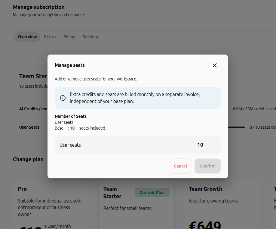 Manage seats modal