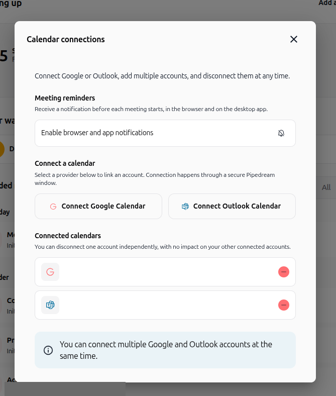 Calendar connections dialog for Google and Outlook