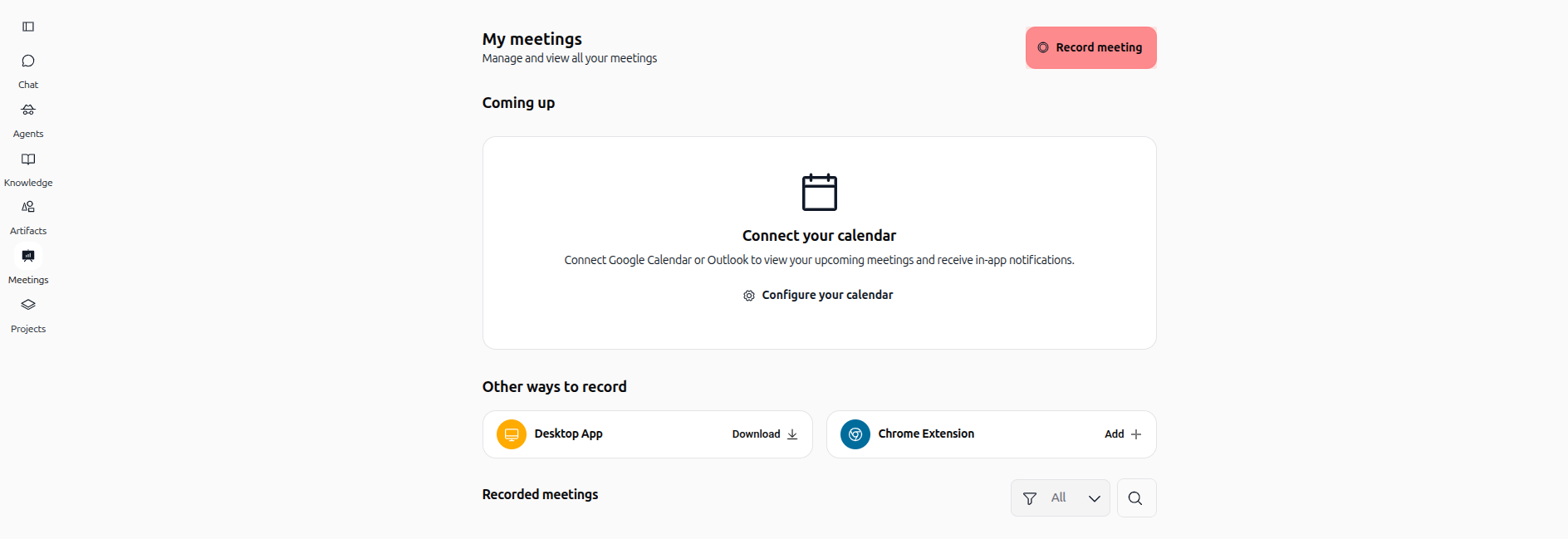 Espace réunions Swiftask avec calendrier et options d'enregistrement