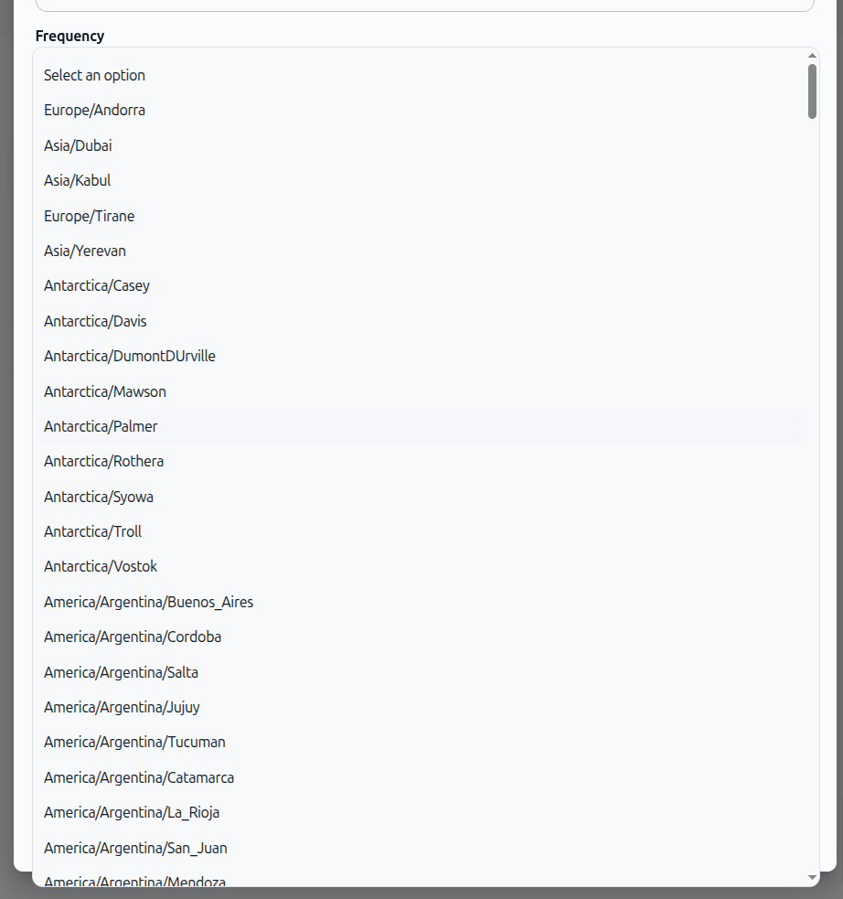 Screenshot: Timezone dropdown showing searchable list of timezone options