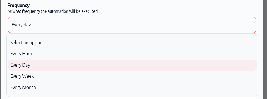 Screenshot: Frequency dropdown showing Every Hour, Every Day, Every Week, and Every Month