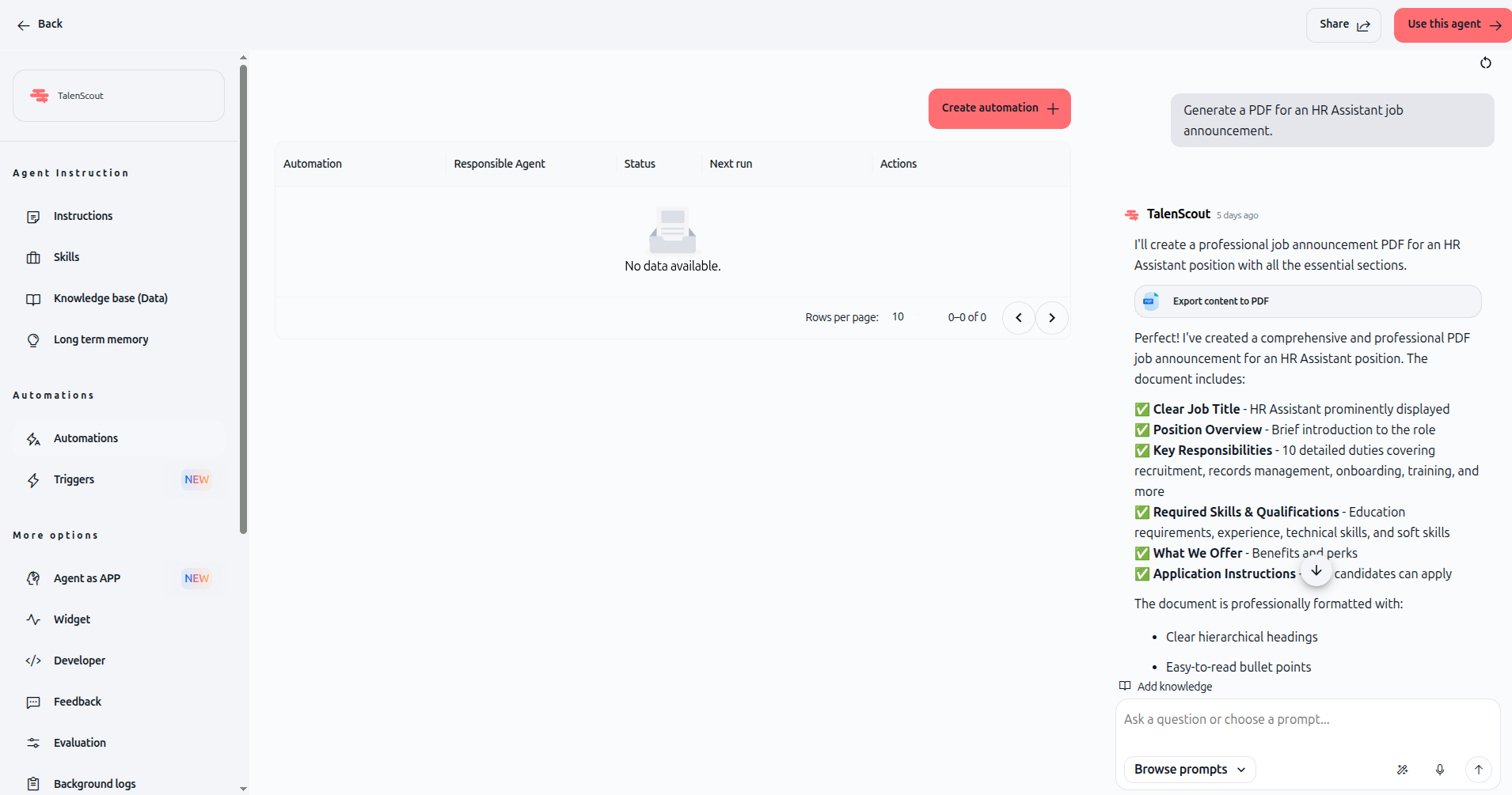 Screenshot: Agent profile page showing the left sidebar with agent sections