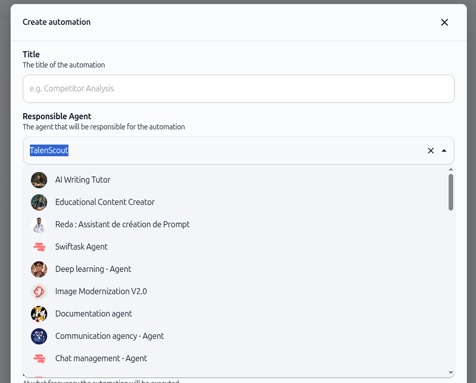 Screenshot: Agent dropdown showing list of available agents to select from