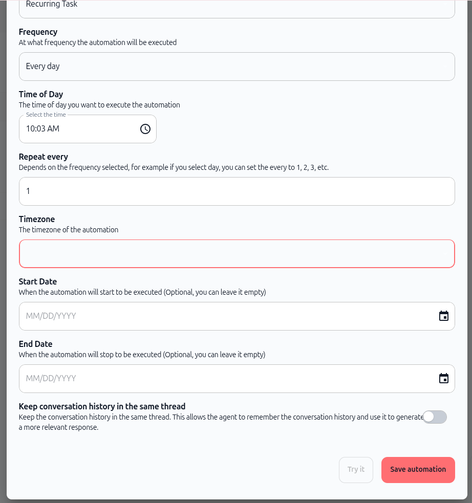 Screenshot: Complete create automation form showing all fields including repeat every, start/end dates, and conversation history toggle
