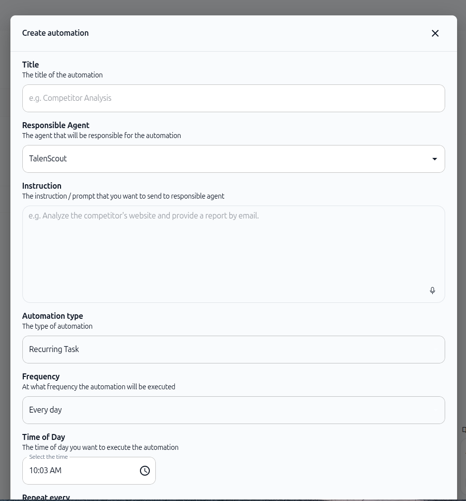 Screenshot: Create automation dialog showing title field with example text