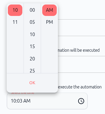 Screenshot: Time picker showing hour, minute, and AM/PM selectors with OK button