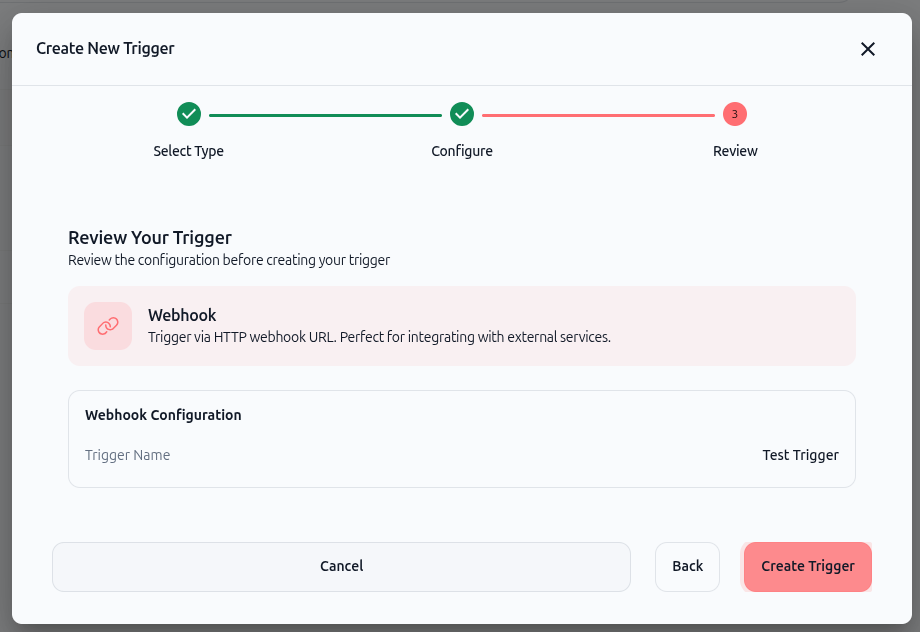 Screenshot: Review trigger configuration before creating