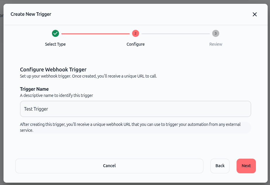 Screenshot: Configure webhook trigger form with trigger name field