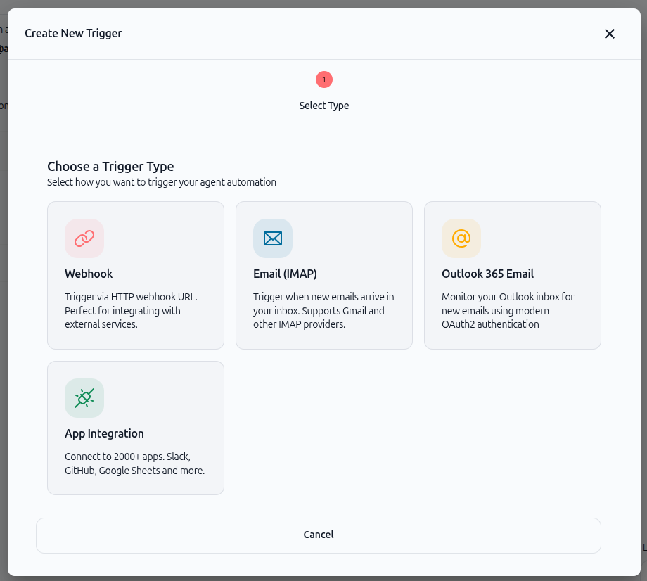 Screenshot: Trigger type selection showing Webhook as one of four options