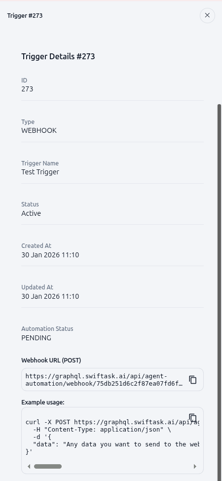 Screenshot: Trigger details panel showing webhook URL and example usage
