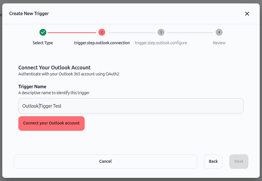 Screenshot: Connect Your Outlook Account form with trigger name field and authentication button