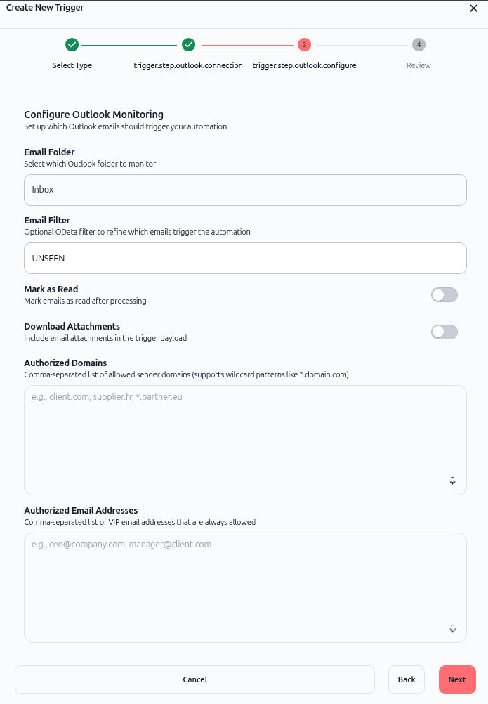 Screenshot: Configure Outlook Monitoring form showing all configuration options