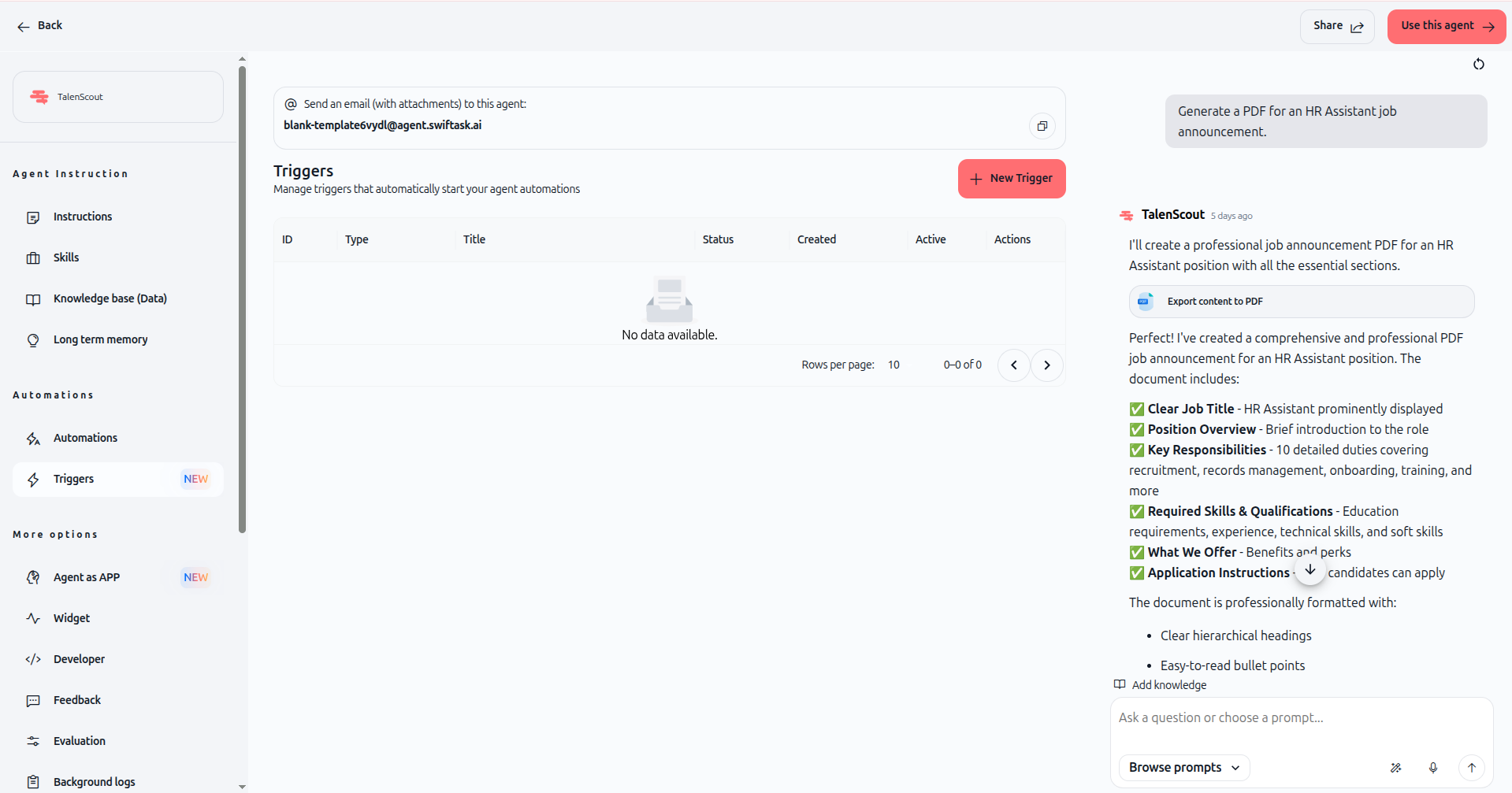 Screenshot: Triggers section showing the New Trigger button