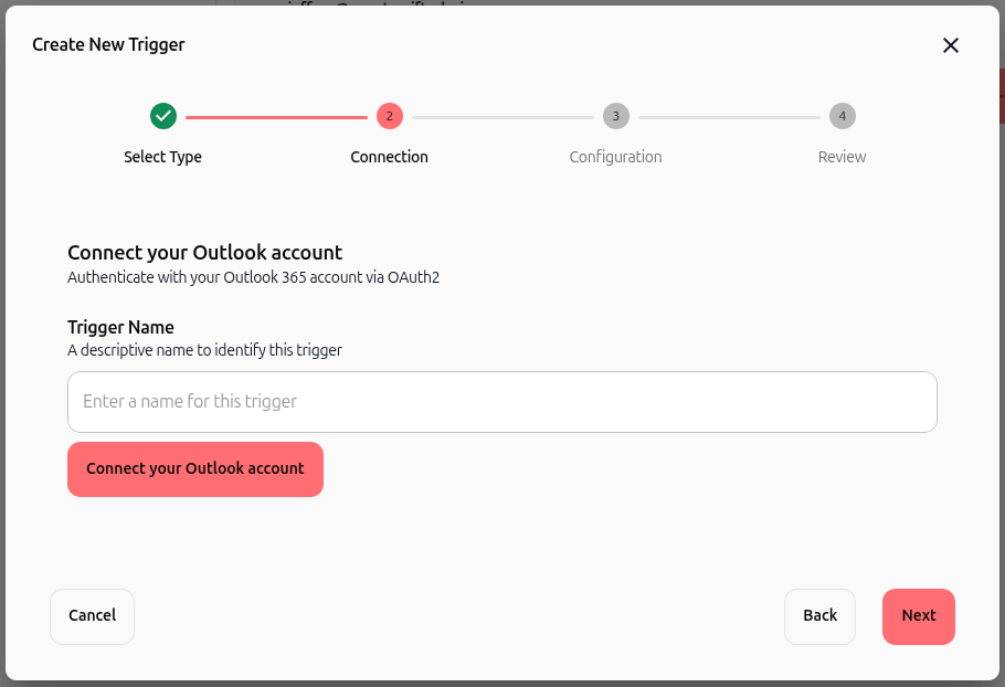 Enter trigger name and connect Outlook account