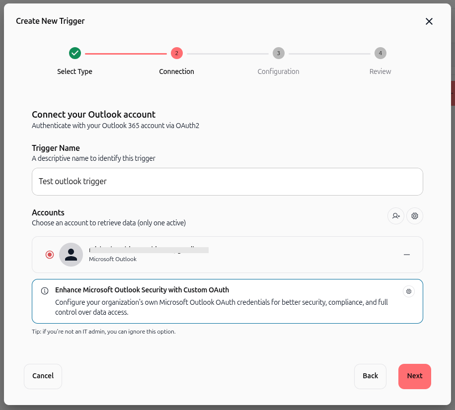 Connected Outlook account and custom OAuth settings