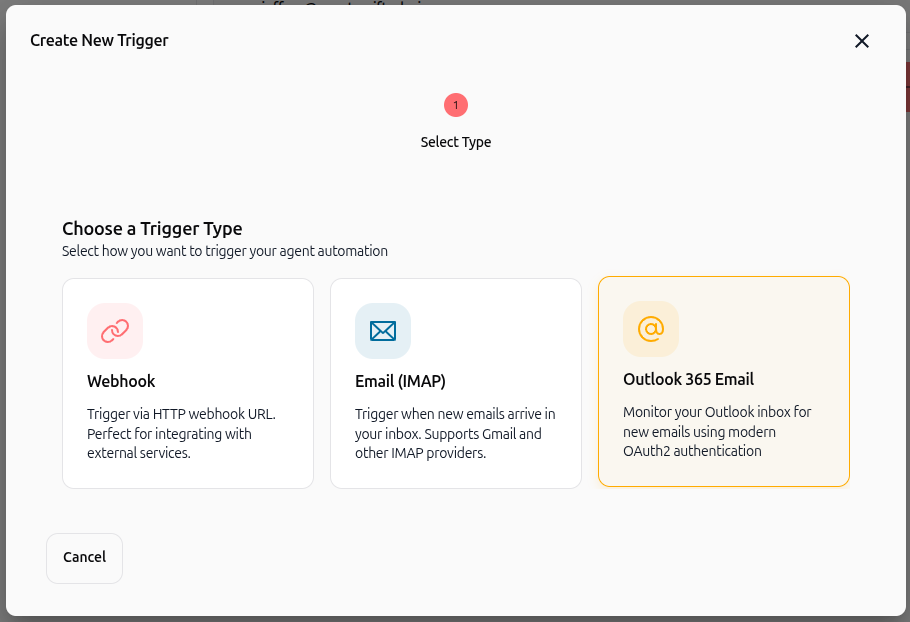 Sélection du type de déclencheur - Outlook 365 Email