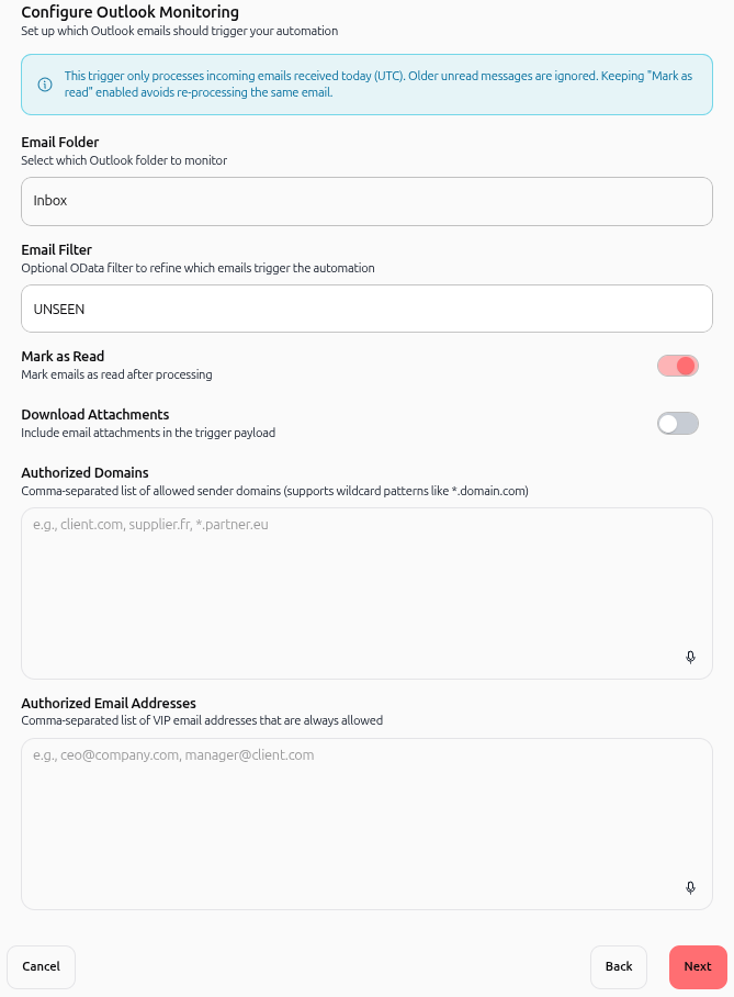 Configuration des paramètres de surveillance Outlook