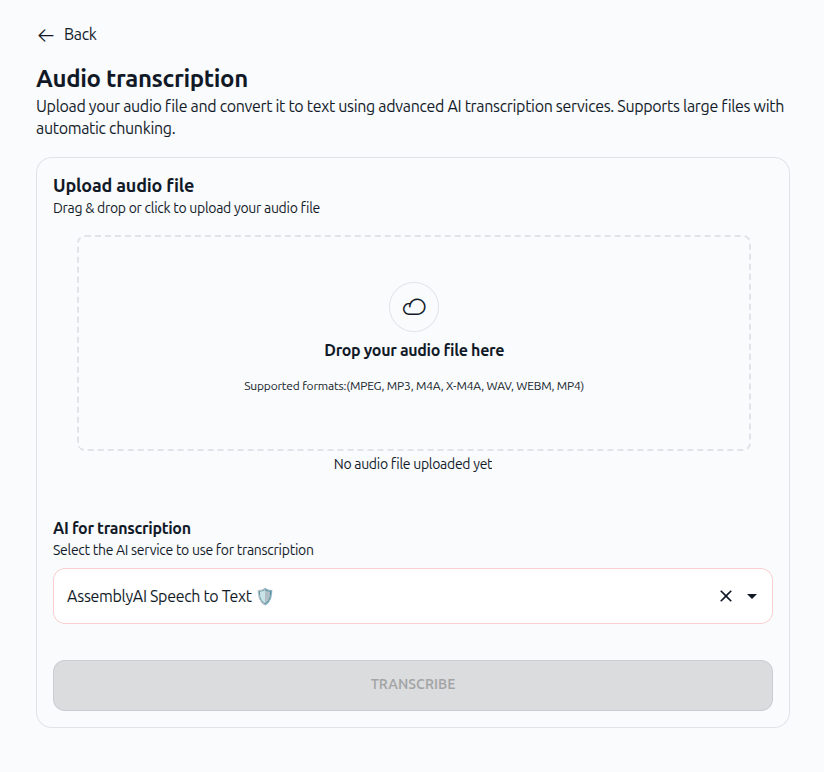 Screenshot: Upload dialog showing file drop zone and AI service selector