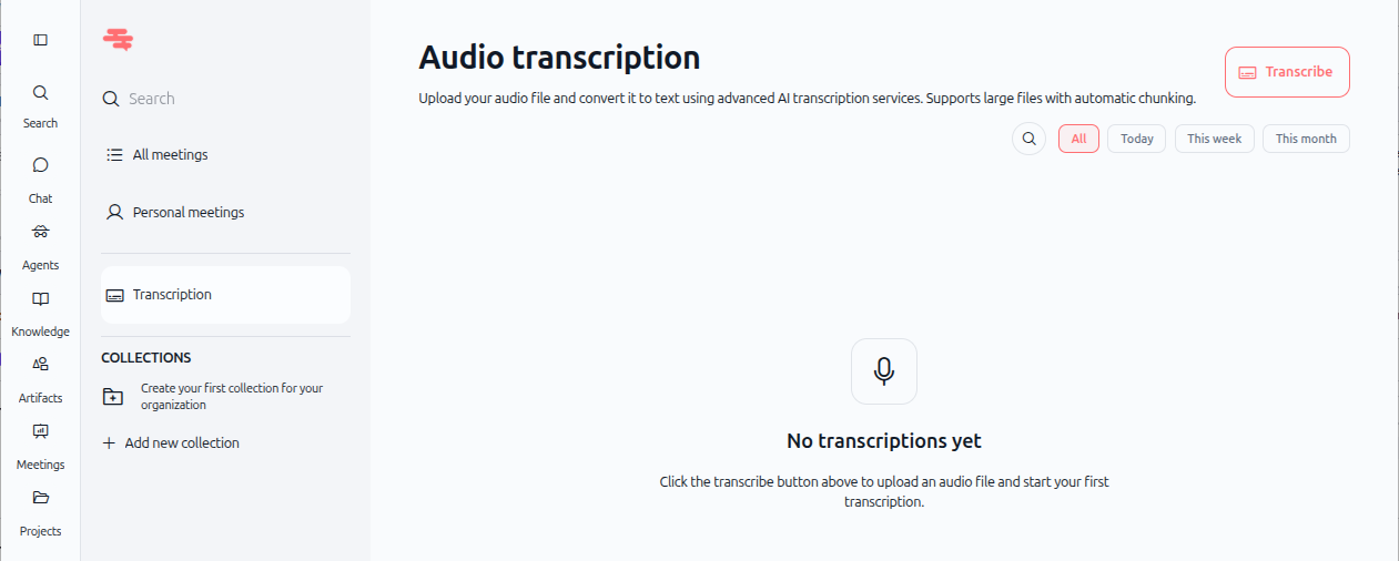 Screenshot: Transcription screen showing empty state with "No transcriptions yet" message