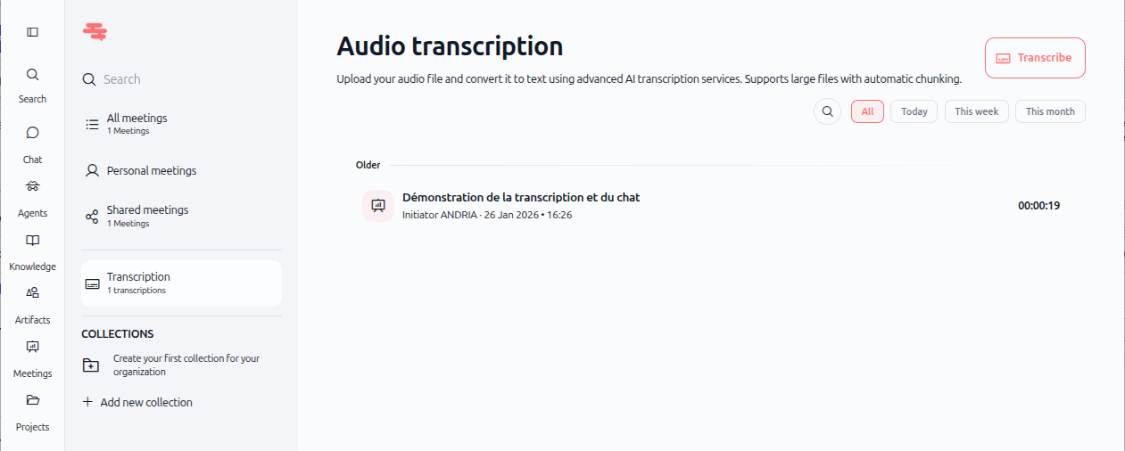 Screenshot: Transcription list showing a completed transcription with metadata