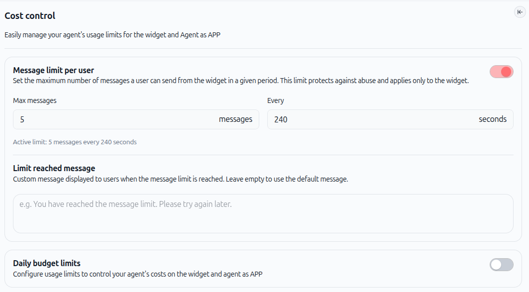 Cost Control interface with message limits and daily budget settings