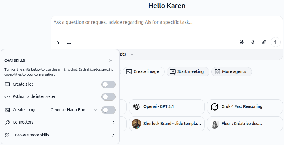 Chat Skills panel showing how to access and add the Python tool