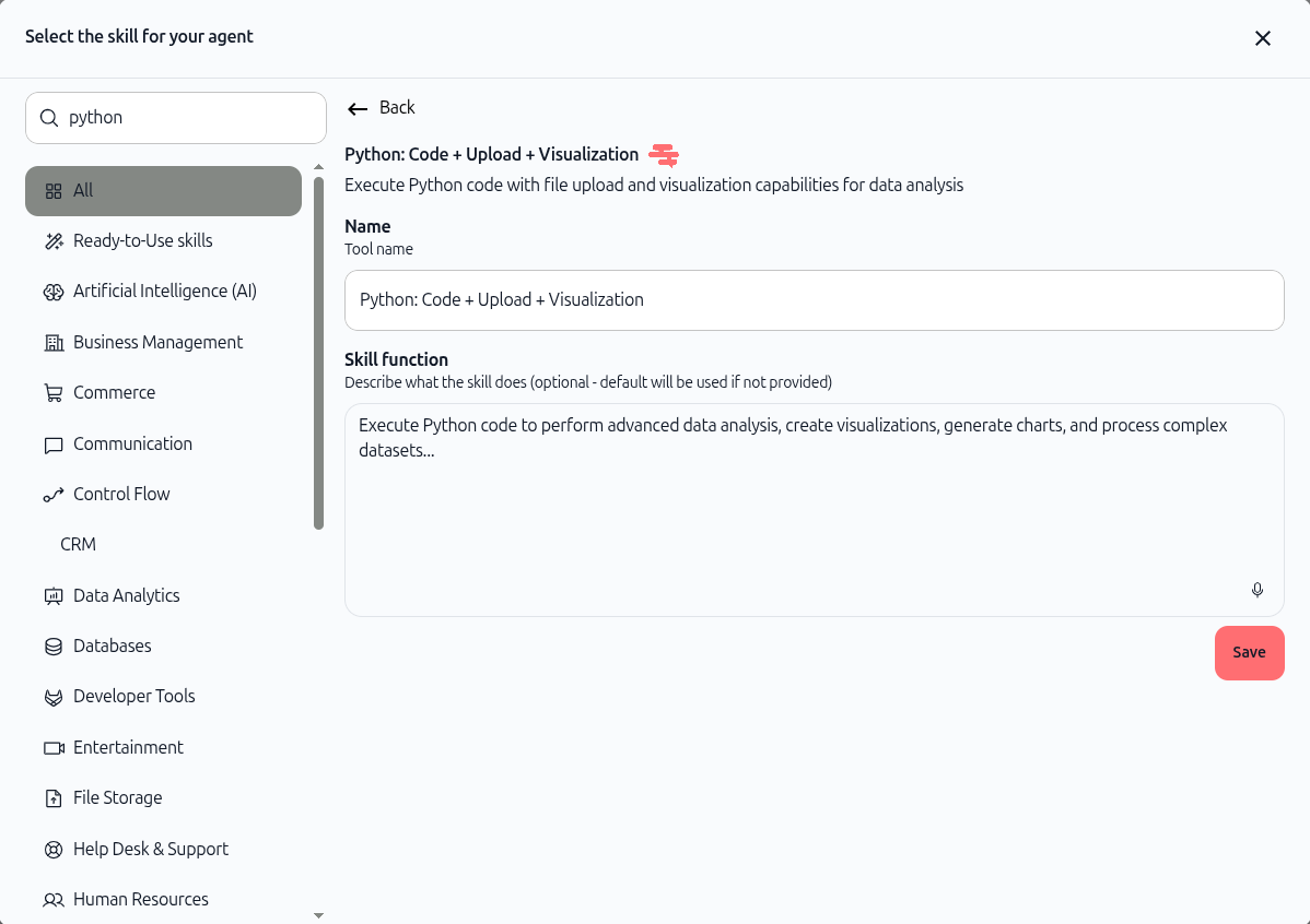 Adding Python tool to agent via Skills dialog