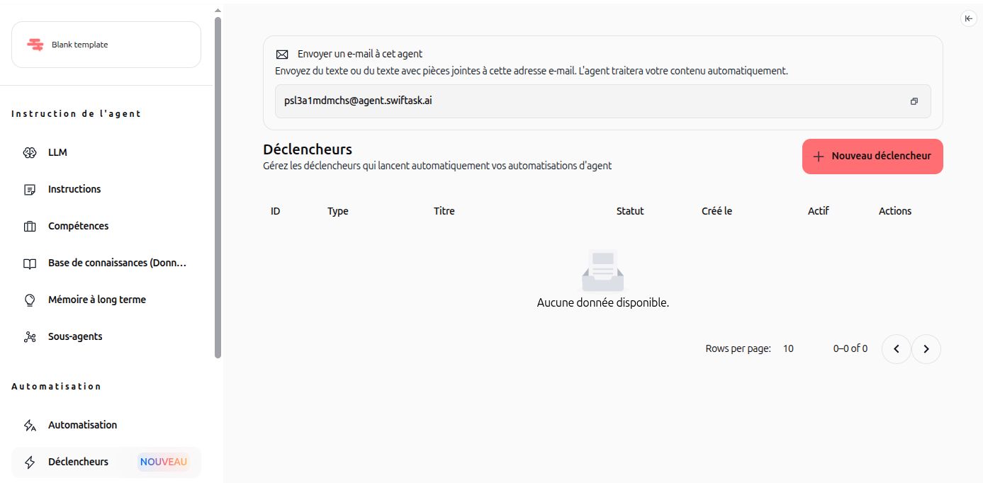 Capture d'écran : Page Triggers de l'agent affichant le champ d'adresse e-mail