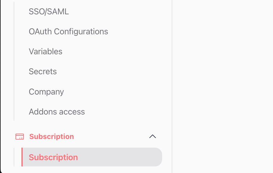 Subscription section in the workspace settings menu