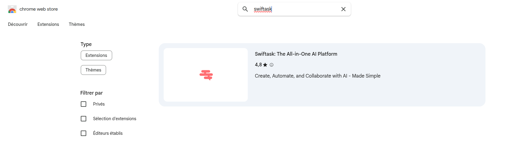 Capture d'écran : Rechercher Swiftask sur le Chrome Web Store