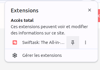 Capture d'écran : Épingler Swiftask à la barre d'outils
