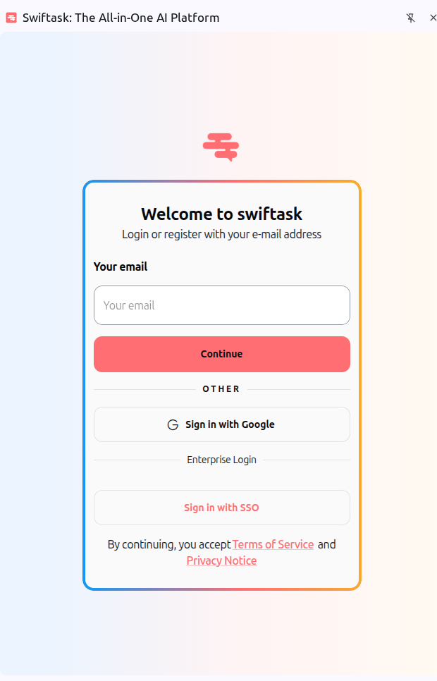 Screenshot: Swiftask login options in side panel