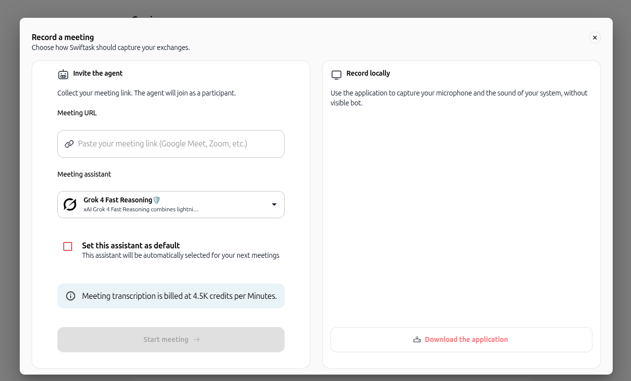 Screenshot: Record a meeting options modal
