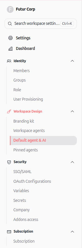 Screenshot: Workspace design sidebar